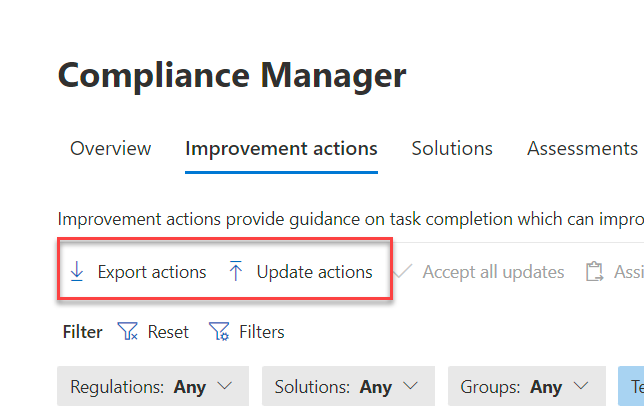 Compliance Manager import and export screenshot