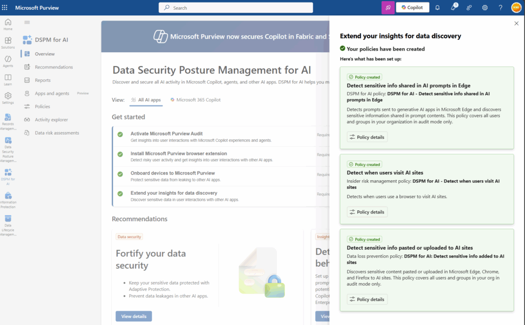 Screenshot of the DSPM for AI one-click policies.