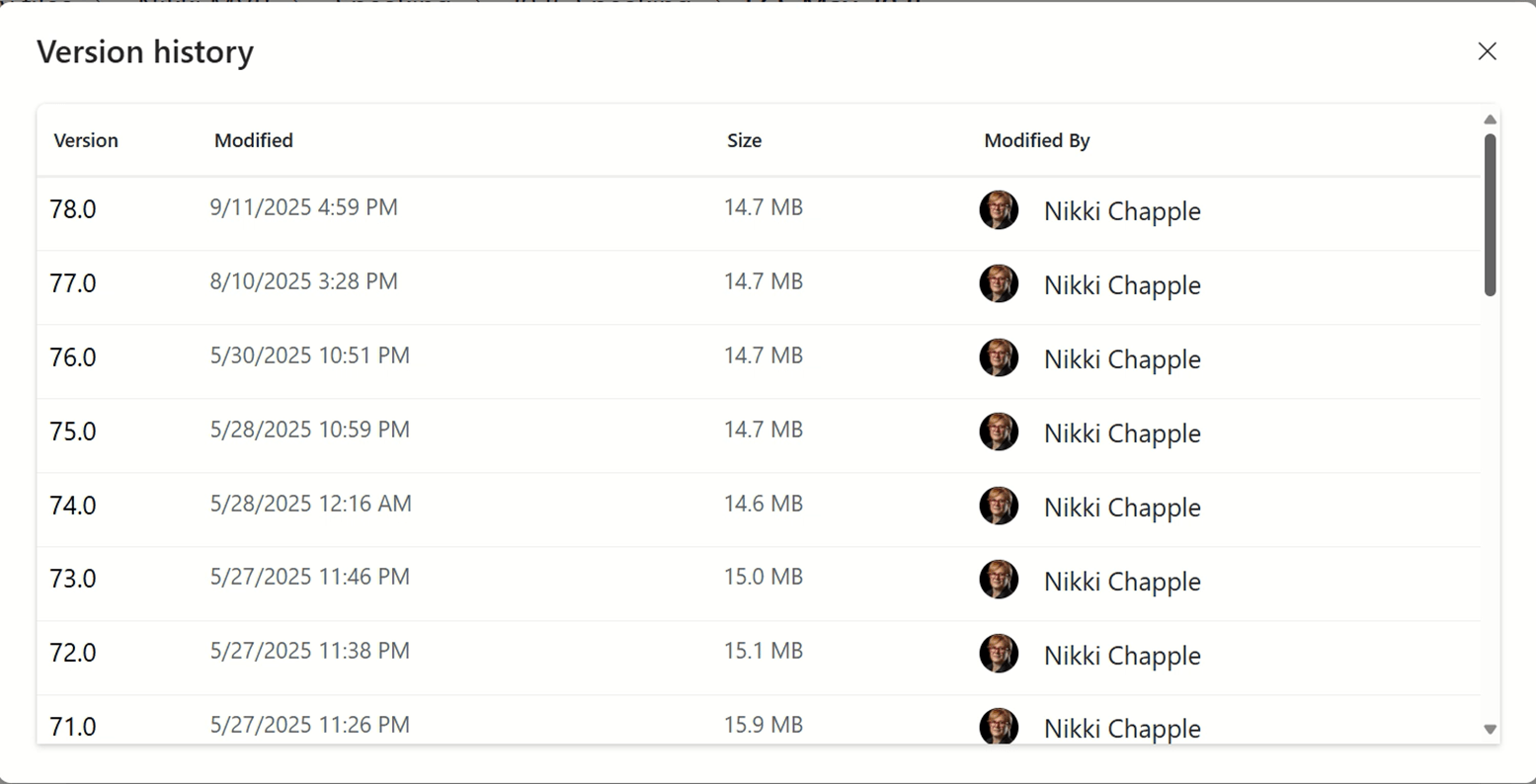 SharePoint File versions. Each Time You Edit Your File, A New Version Is Created. Video shows a file with 77 versions