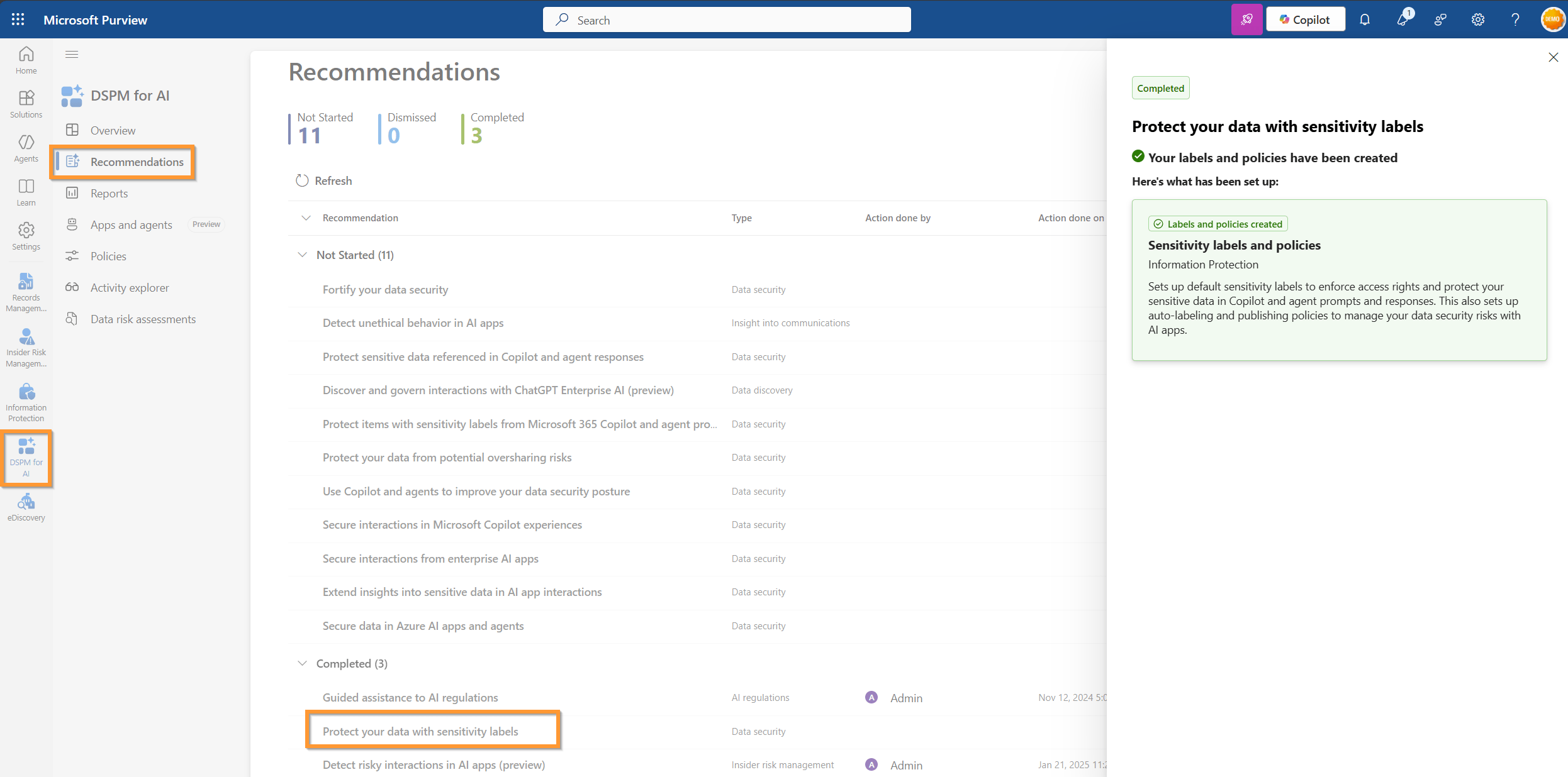 Microsoft 365 Copilot Data Readiness. 
Screenshot of the Microsoft Purview compliance portal, > Data Security Posture Management for AI >Recommendations page