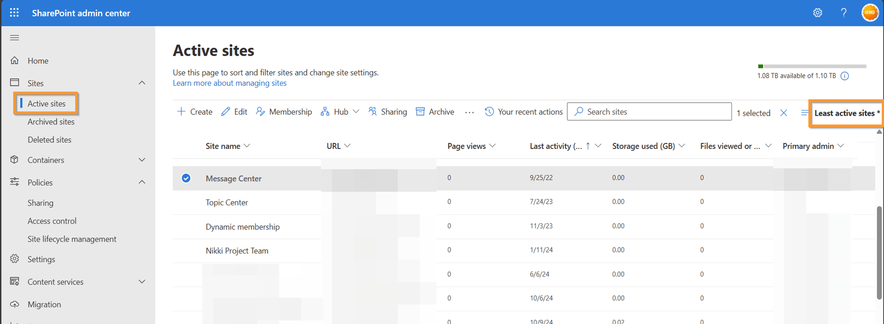 Screenshot of the Least Active Sites report in the SharePoint Admin Center