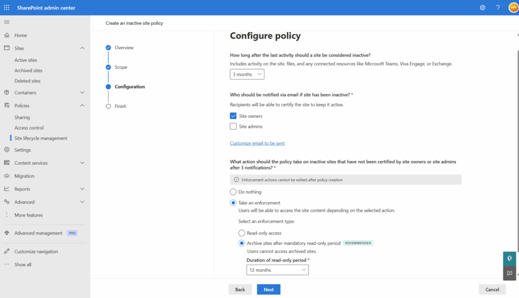 Screenshot of the  Inactive Site Policy configuration