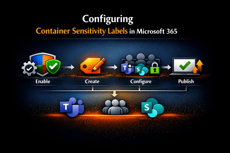 Diagram Showing How To Configure Microsoft Purview Container Sensitivity Labels In Microsoft 365 Including Enable, Create, Configure And Publish Steps For Teams, Groups And Sharepoint