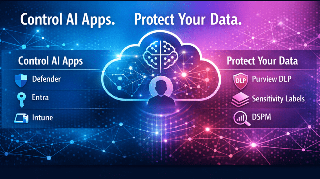 Shadow Ai Governance Model Showing Control Of Ai Applications And Protection Of Sensitive Data Using Microsoft Purview, Defender, And Dspm