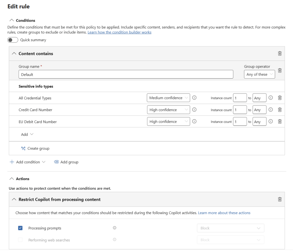 Microsoft Purview Dlp Policy For Copilot Prompt ProtectionDlp Condition: Contains One Or More Sits
Dlp Action: Restrict Copilot From Processing Content → Processing Prompts = Blocked