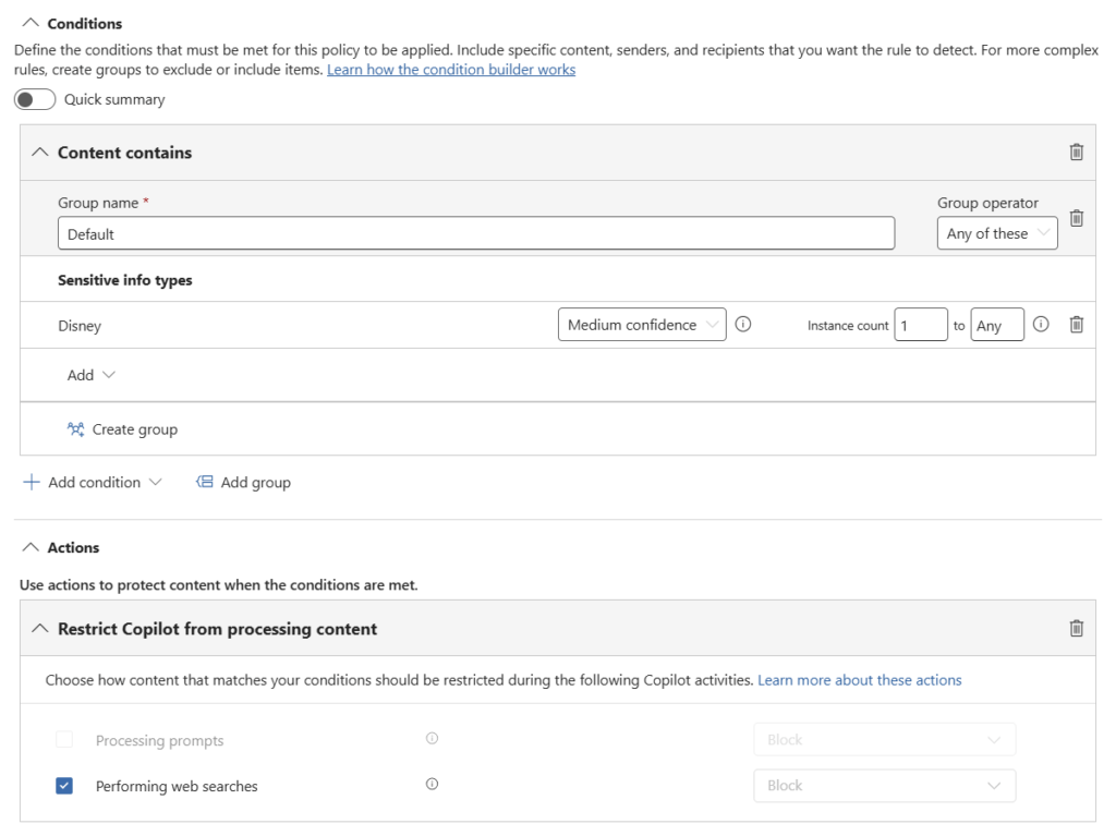 Microsoft Purview Dlp Policy To Control Copilot Web Grounding.Dlp Condition: Contains One Or More Sits
Dlp Action: Restrict Copilot From Processing Content → Performing Web Searches = Blocked