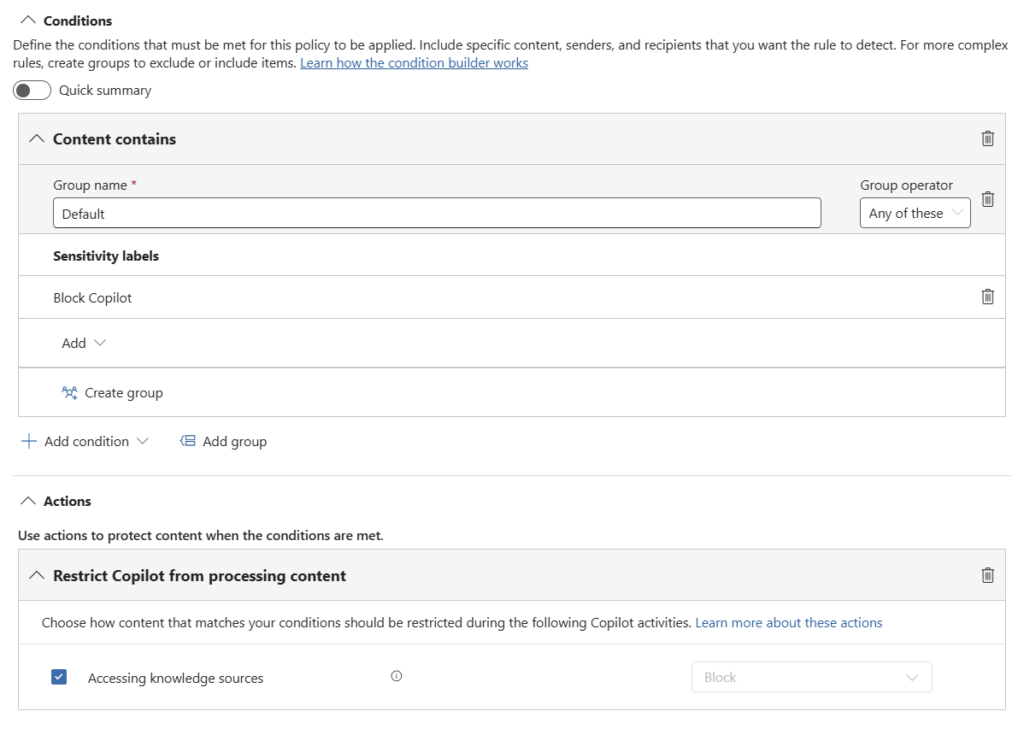 Microsoft Purview Dlp Policy To Control Copilot Access To Content With Purview Sensitivity Labels.Dlp Condition: Contains One Or More Sensitivity Labels
Dlp Action: Restrict Copilot From Processing Content → Accessing Knowledge Sources